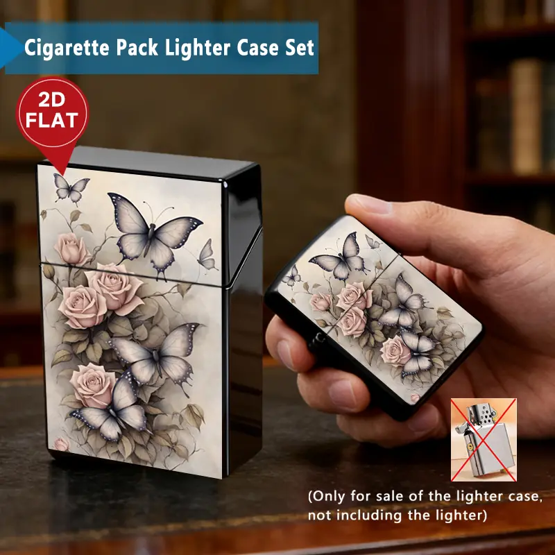 2026 New Patterned 2D Printed Butterfly Flower Plastic Cigarette Case & Metal Lighter Shell Set, Cast Iron-Enhanced Lighter Accessory with Removable Cover, Ideal Valentine's Day Gift for Husbands, Bag-Compatible Accessory
