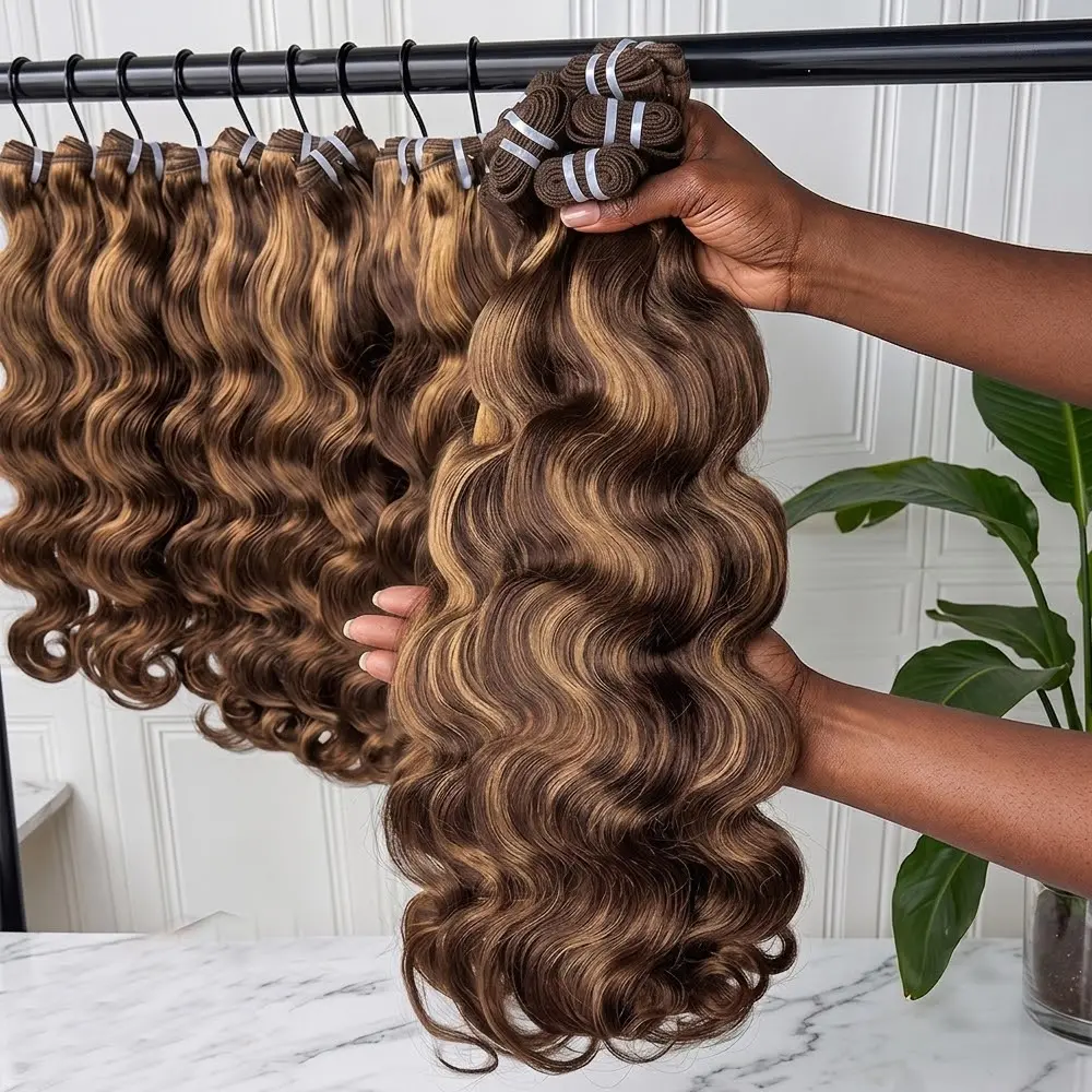JOPEAR 16A Body Wave Highlight Bundles Human Hair 4/27 Colored Highlight Ombre 20 22 24 Inch 1 3 4 Bundle Brazilian Virgin Remy Double Weft 100% Raw Human Hair Bundles Extensions For Women