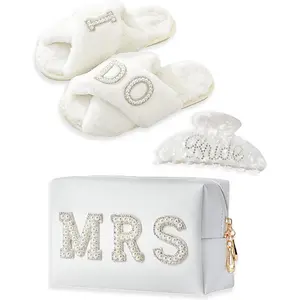 Bride To Be Gifts - Bridal Shower Gifts & Wedding Gifts for Bride - Gift Set: Makeup Bag, Slippers, Hair Clip - Bride Gifts