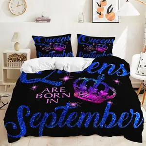 2/3Pcs Royal Blue Glitter Queens Born in September Duvet Cover Set, Sparkly Birthday Bedding Set with Crown and Star Accents,for a Glamorous Bedroom Makeover, Ideal Gift for Birthdays, Includes 1 or 2 Pillowcase - No filling/Zipper Closure