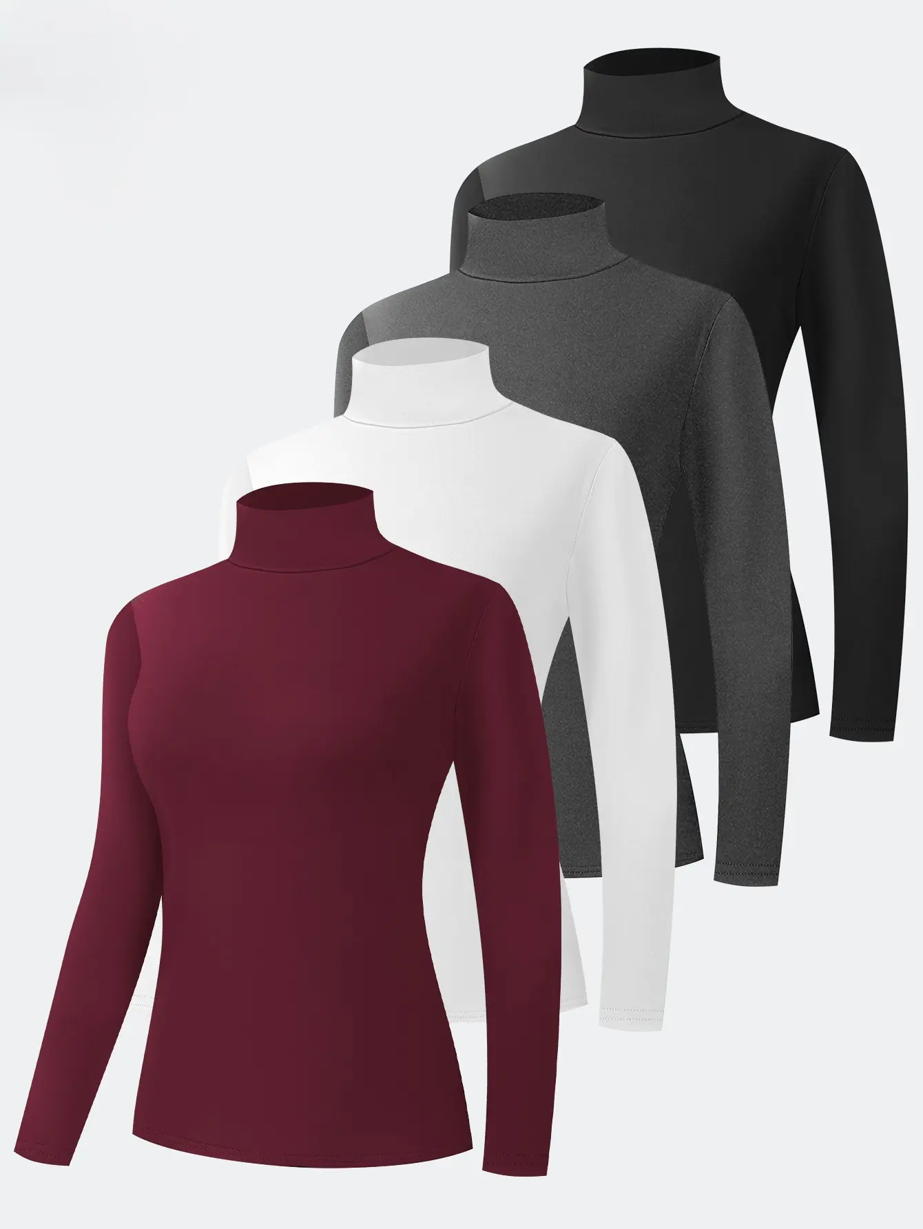 Women's 4-Piece High-Neck Thermal Sports T-Shirt Set, Slim-Fit Long-Sleeve Basic Lady Clothing for Fitness Layering, Comfortable Style, Multiple Colors