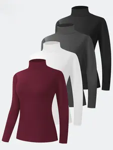 Comfortable Women's 4-Piece High-Neck Thermal Sports Top Set Slim-Fit Long-Sleeve Underwear for Fitness Workouts Layering Multiple Colors