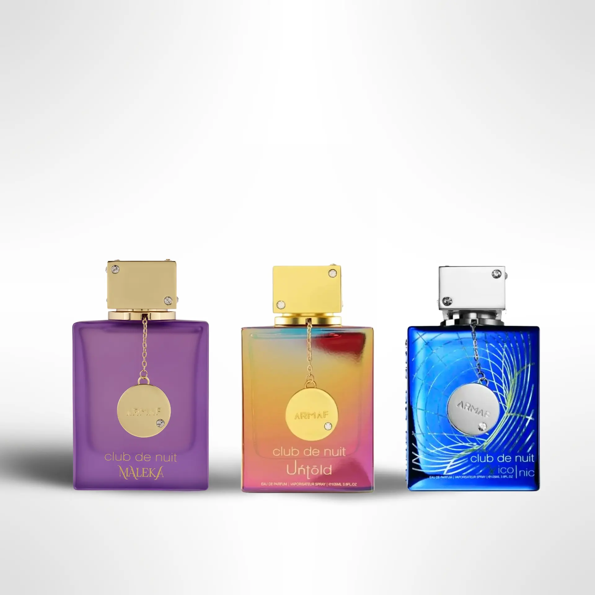 Armaf Men's 3-Piece Packaged Multi-Scent Fragrance Gift Bundle - Club de Nuit Maleka, Untold, Blue Iconic, Bold Elegant, Floral Sweet Fragrance Blend, Packaged Men's Fragrance, Multi-Scent Men's Fragrance