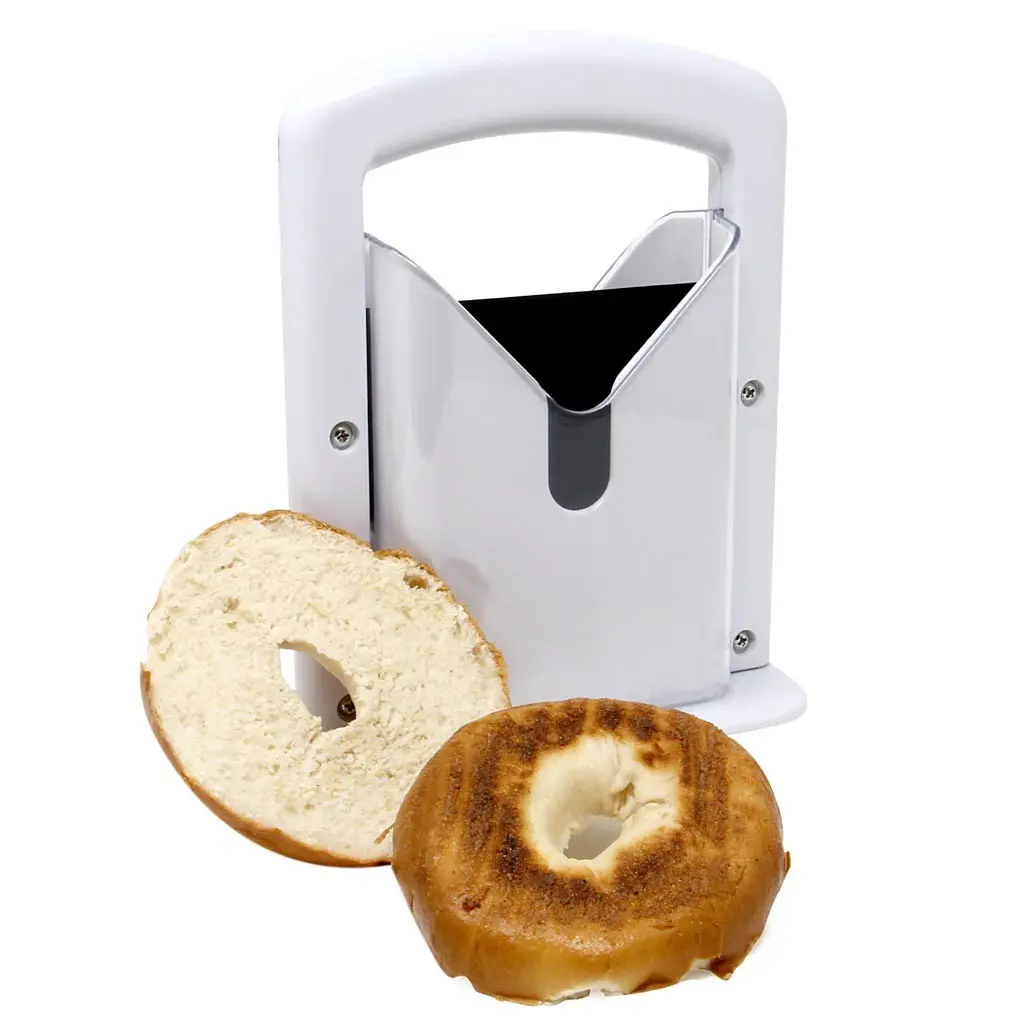 Guillotine Style Bagel Slicer, Safe Even Bagel Cutter with Stainless Steel Blade, Handheld Bread Slicer for Bagels, Muffins, Buns, Kitchen Gadget for Breakfast