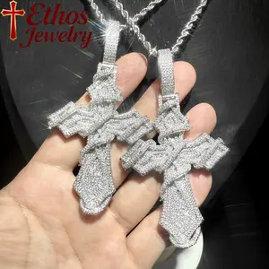 Ethos Cross Pendant Fully Inlaid with D Color Sugar AAAAA+ Zirconia VVS/1 Stones Hip-Hop Style Unisex Design with Free Chain for Daily Wear
