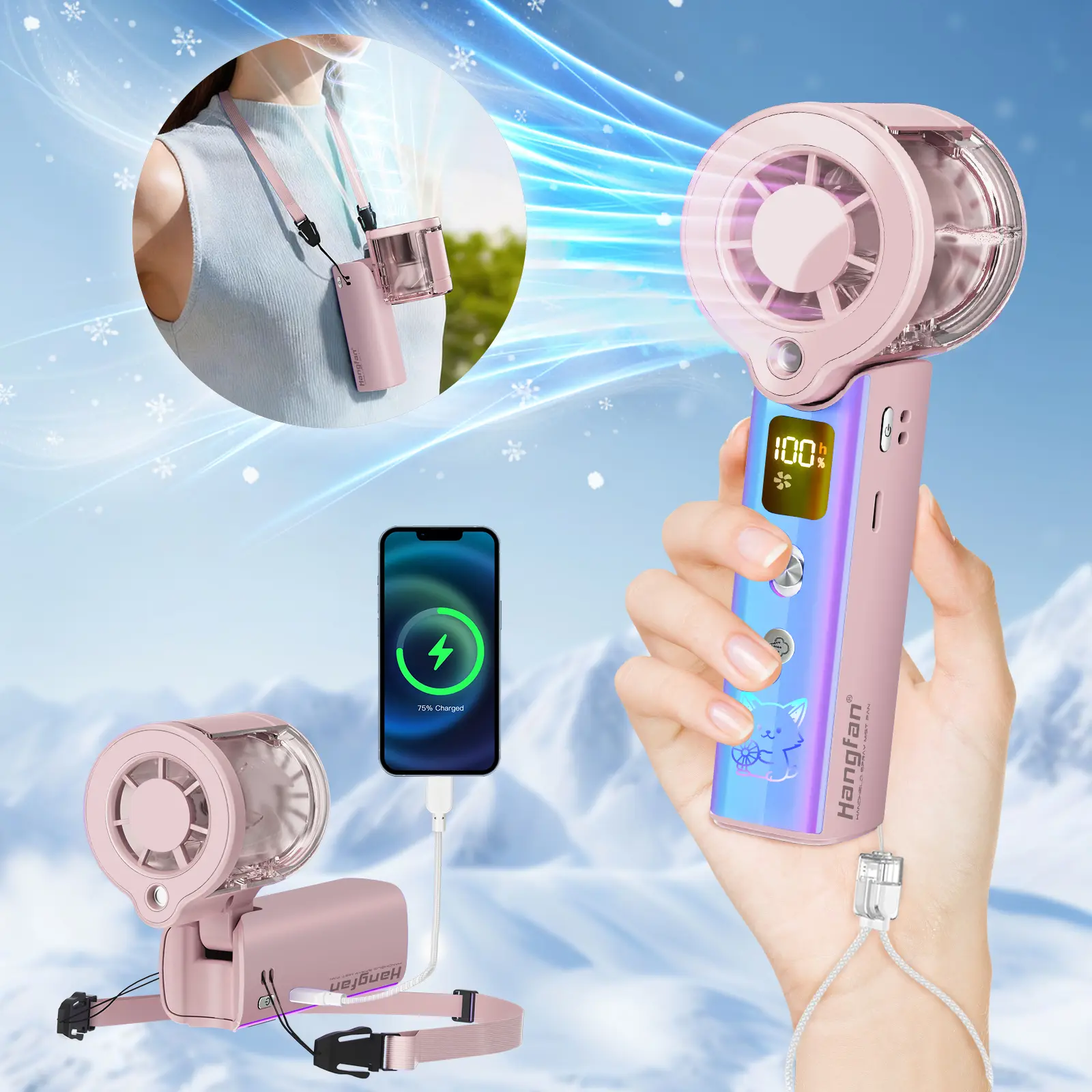 【Hangfan】3000mAh Rechargeable Portable Misting Handheld Fan, 100 Speeds, Foldable Mini Fan with LED & Power Bank, Personal USB Cooling Fan for Travel Office Concert Shopping Outdoor Activities fan Wearable Fan High Velocity Fan