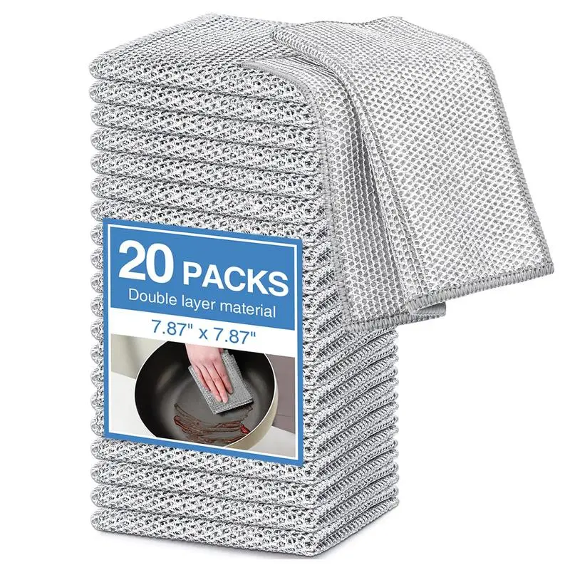 20-Count Reusable Non-Scratch Wire Dishcloths - Lightweight Double-Layer Polyester Wiping Towels, Washable Heavy-Duty Cleaning Cloths Pack for Kitchen Pans, Sinks, Wet & Dry Household Care, Wipe