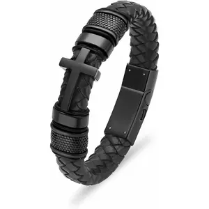 Mens Double-Band Black Braided Leather Bangle Bracelets Cremation  for Ashes Wristband Memorial Urn Bangle with Cross Charm