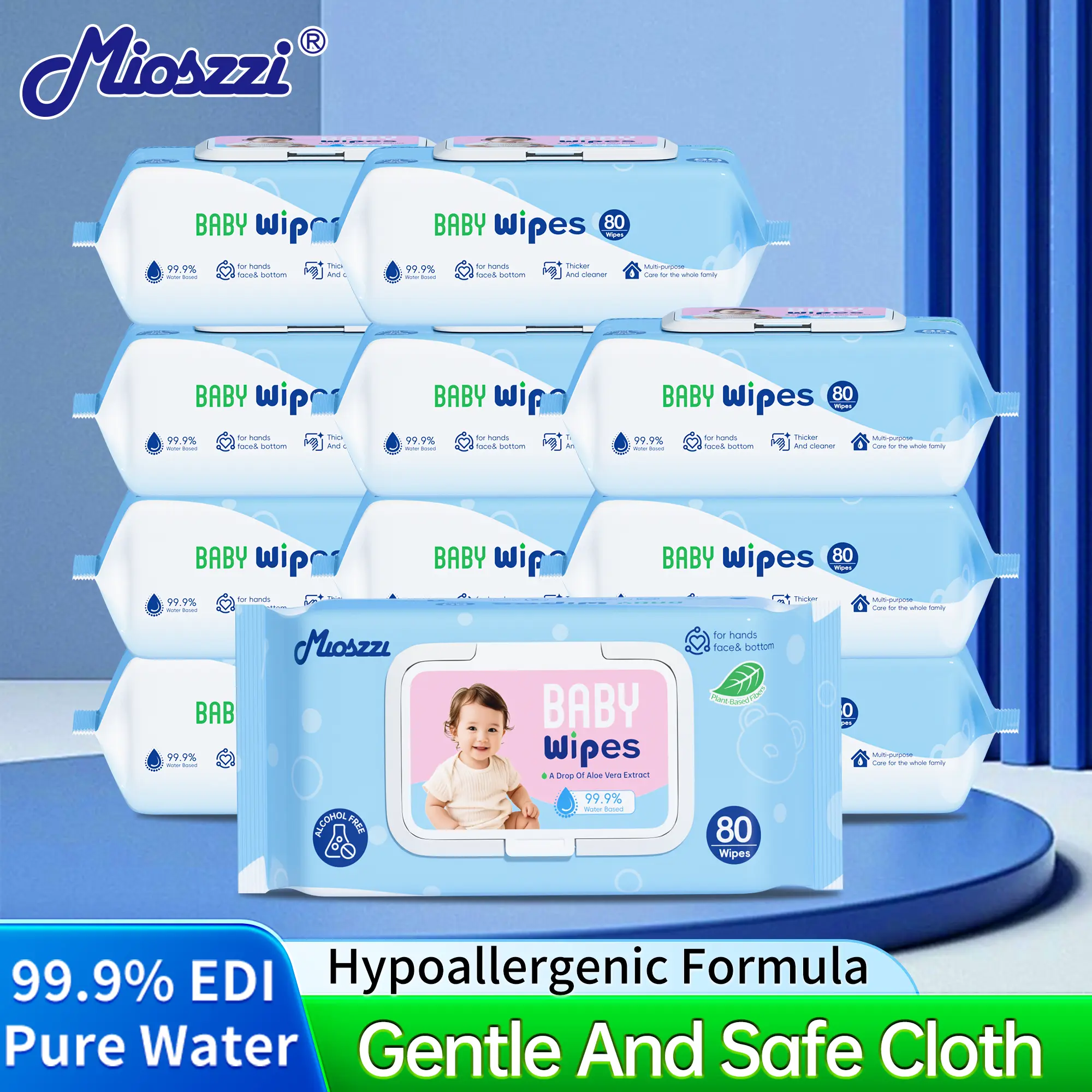 Mioszzi Baby Fabric Wet Wipes, 80 Sheets/Pack, 20cm x 15cm (7.87x5.91in) Oversized Ultra-Thick Purified Water Wipes, Unscented Plant Extract Gentle Formula, Alcohol-Free for 0-3 Years (24 Months) Infants' Sensitive Skin (Home & Travel Use)