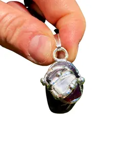 Manifestation Amulet (Manifestation) Pendant with Black Satin Cord, Hypersthene, Amethyst, Selenite, Garnet