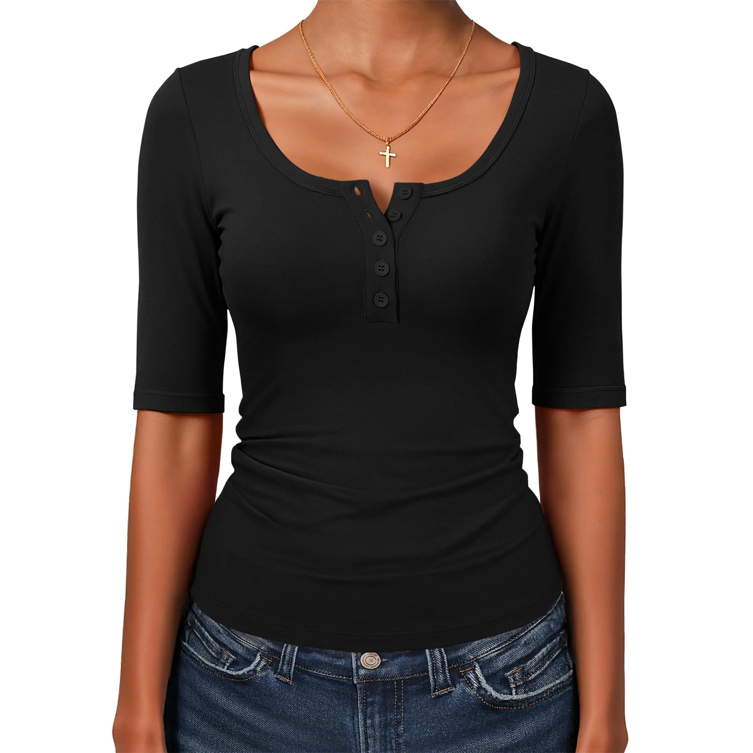 ANRABESS Womens Half Sleeve Tops Summer Slim Fitted Henley Shirts 2026 Spring Basic Tee Shirts Dressy Casual Blouses Cute T Shirt