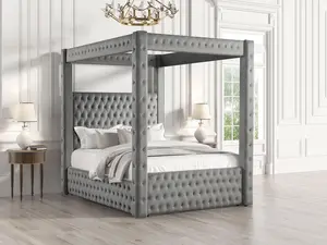 Seville Luxury Velvet Upholstered Canopy Bed with Tufted Design – Modern Glam King/Queen Size Frame