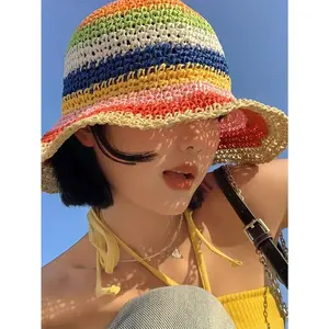 1pc Rainbow Colored Woven Bucket Hat For Women, Breathable & Sunproof Bucket Hat, Great For Outdoor & Traveling