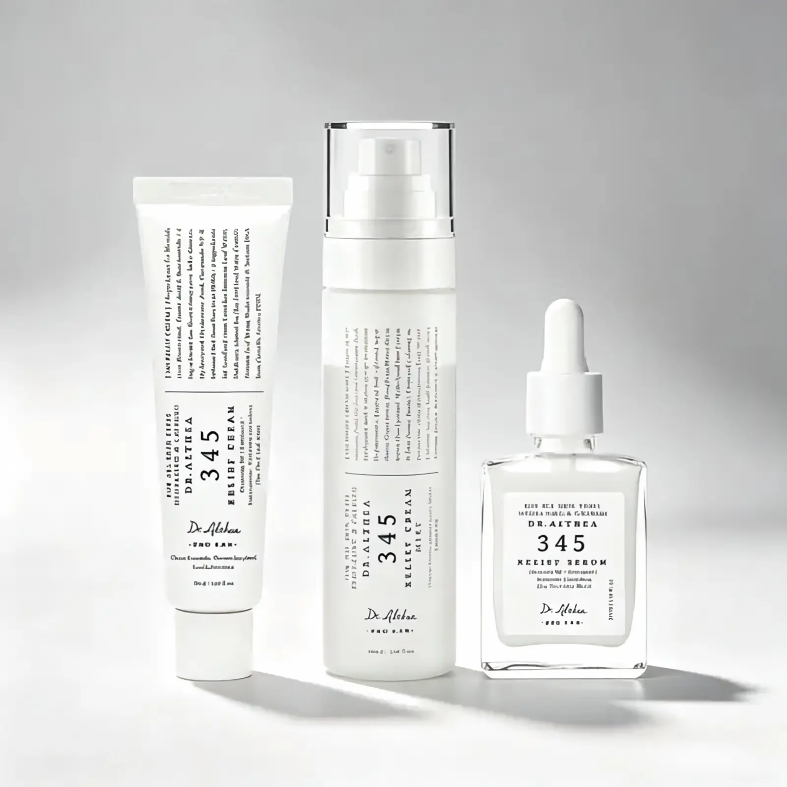 Dr.Althea 345 Soothing & Repairing 3-Piece Set — A soothing cream for deep hydration and oil-water balance a dual-layer cream mist that locks in moisture and a soothing serum that strengthens the skin barrier and restores a healthy glow