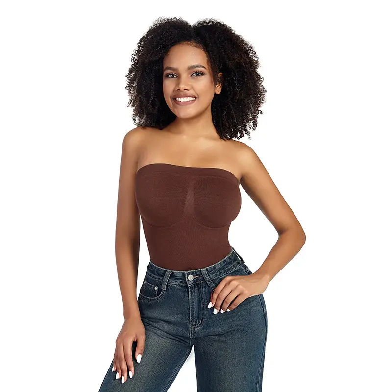 Strapless Bodysuit Tube Shapewear with Detachable Straps - Seamless 360 Tummy Control Basic Summer Outfit Underwear Comfort Sleeveless Womenswear Tops Brown Minimalist