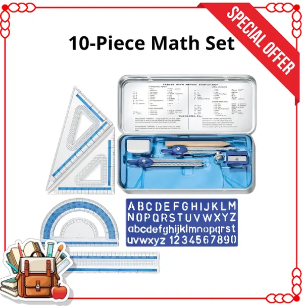 10 Piece Math Set with Metal Compass, 6 Inch Ruler, Triangle Squares & Alphabet Stencil, Geometry Measuring Tools, Back to School Supplies