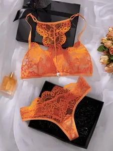 Two-Piece Set Women's Floral Lace Sheer Bra & Thong Set, Casual Comfy Breathable Lingerie Set for Daily Wear, Underwear Set for Women Bra Sets
