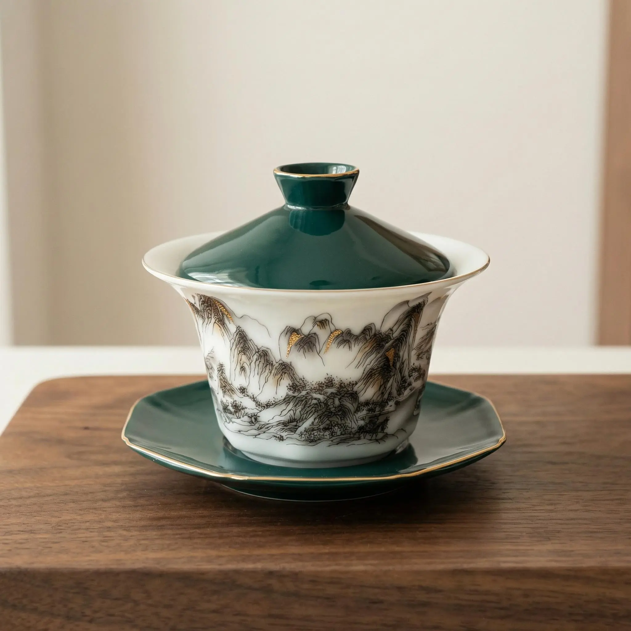 Chinese "Thousand Li Rivers and Mountains" Ink & Gold Gaiwan Set | Traditional Art | Premium Collectible，High-end Chinese Porcelain， Hand-Painted Porcelain |Timeless Chinese Tea Art | Luxury Collectible Gift