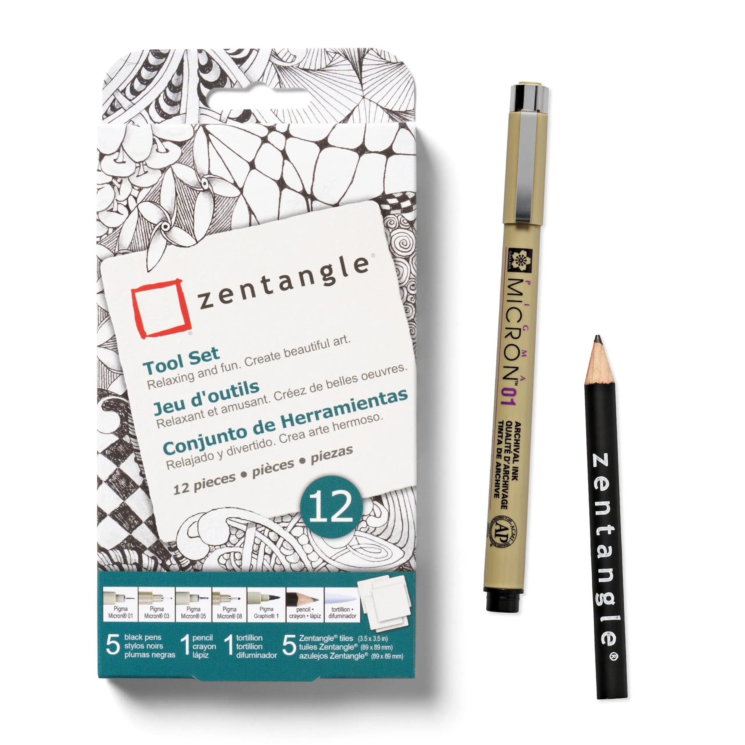 SAKURA 12-Piece Zentangle Art Materials & Writing Tool Set - 5 Black Micron Pens, 1 Black Graphite Pencil, 1 Tortillion, 5 3.5" White Paper Tiles