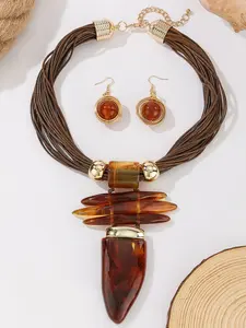 Bohemian Multi-Layer Wax Cord Necklace Resin Horn Pendant Earrings Set, Elegant Jewelry Set, Wedding Holiday Accessory, Valentine's Day Gift