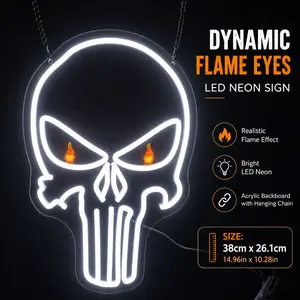 Skull Flame Neon Sign with Simulated Fire Eyes, LED Wall Decor for Garage, Man Cave, Biker Room, Bar, Game Room, Motorcycle Theme Party, USB Powered Acrylic Neon Light Gift for Men