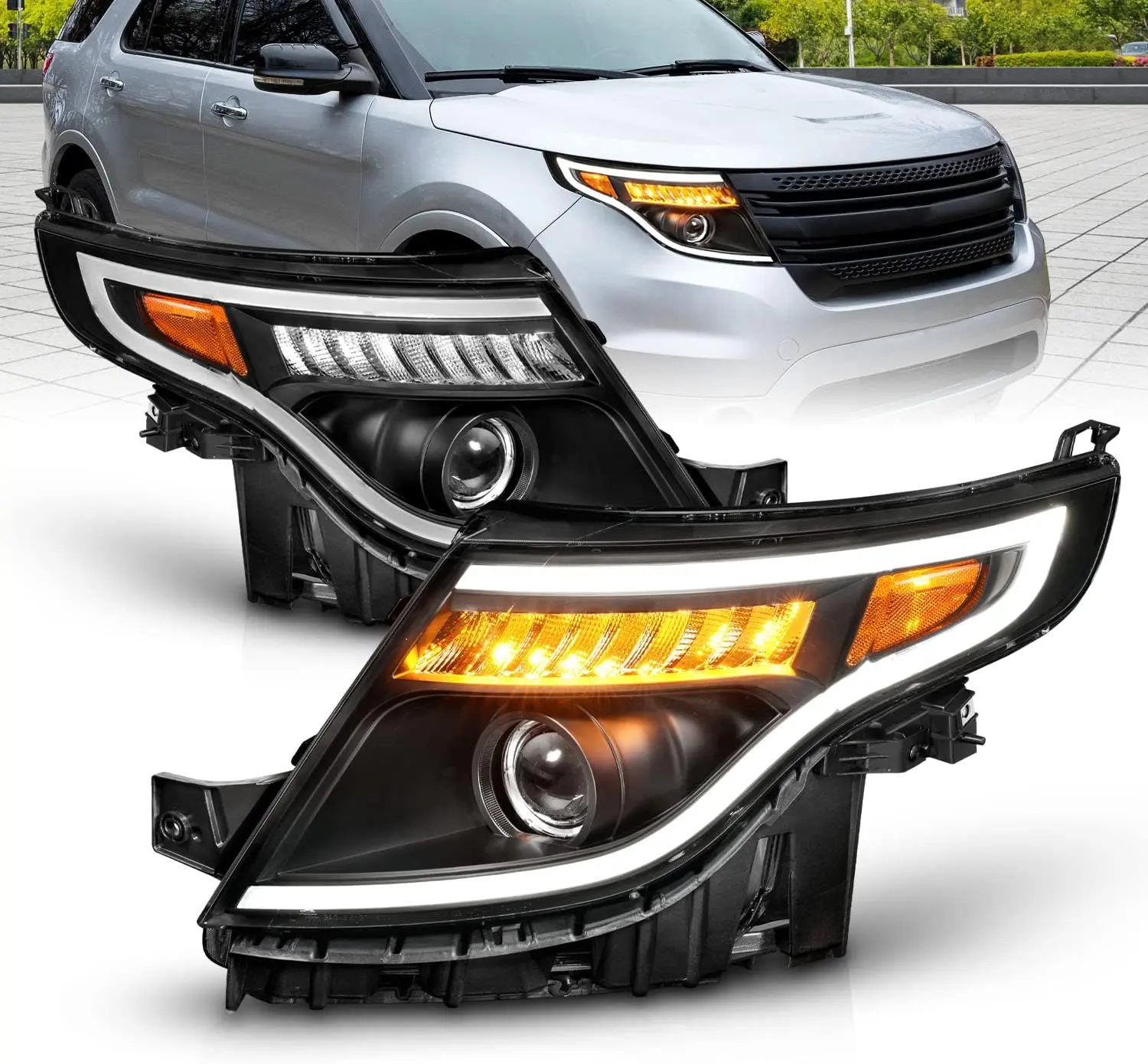 AmeriLite for 2011-2015 Ford Explorer LED Tube Signal Projector Black Replacement Headlight Pair - Driver and Passenger Side