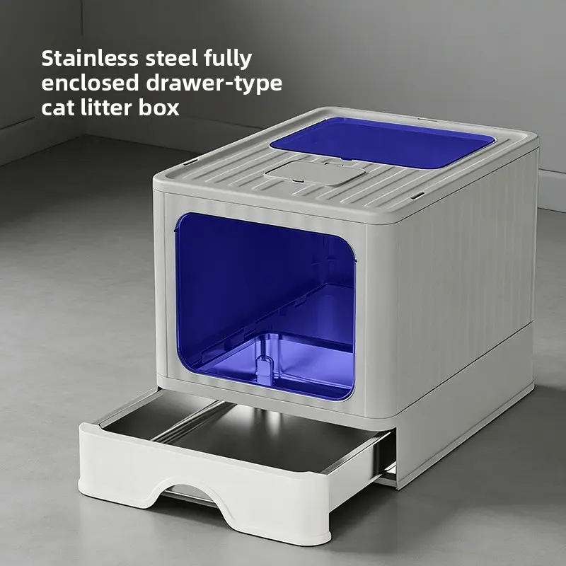 Fully enclosed large folding stainless steel cat litter box, drawer type deodorant cat toilet, oversized anti-splash cat supplies, Litter Tray, Litter Box Enclosure