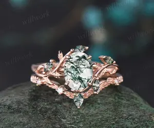 green moss agate engagement ring rose gold art deco cluster leaf nature inspired bridal promise wedding ring set