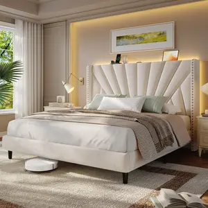 Homkdom Queen Bed Frame Upholstered Platform Bed with 51“ Tall Headboard, Wing Edge Design/Non-Slip and Noise-Free/Wooden Slats Support/No Box Spring Needed/Easy Assembly, Beige Queen Bed