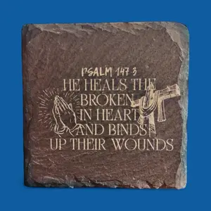Psalm 147:3 Custom Engraved Slate Coaster with Inspirational Quote and Heartfelt Design for Home Decor Set of 4