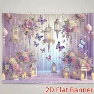 1PC,2D Flat Customize Backdrop Romantic Purple Floral & Butterfly Theme Backdrop, Dreamy Festival Decoration Background, Suitable for Party, Wedding & Celebration Setup, Warm Lantern, Candle & Fl