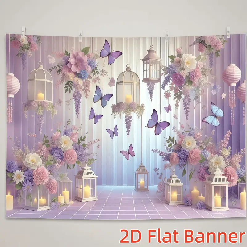 1PC Printed 2D Flat Polyester Backdrop - Romantic Purple Flower, Butterfly, Warm Lantern, Candle Accents, Festive Banners, Ornaments for Wedding Wall Decoration, Birthday Decorations, Event Decor & Photoshoot Backdrop