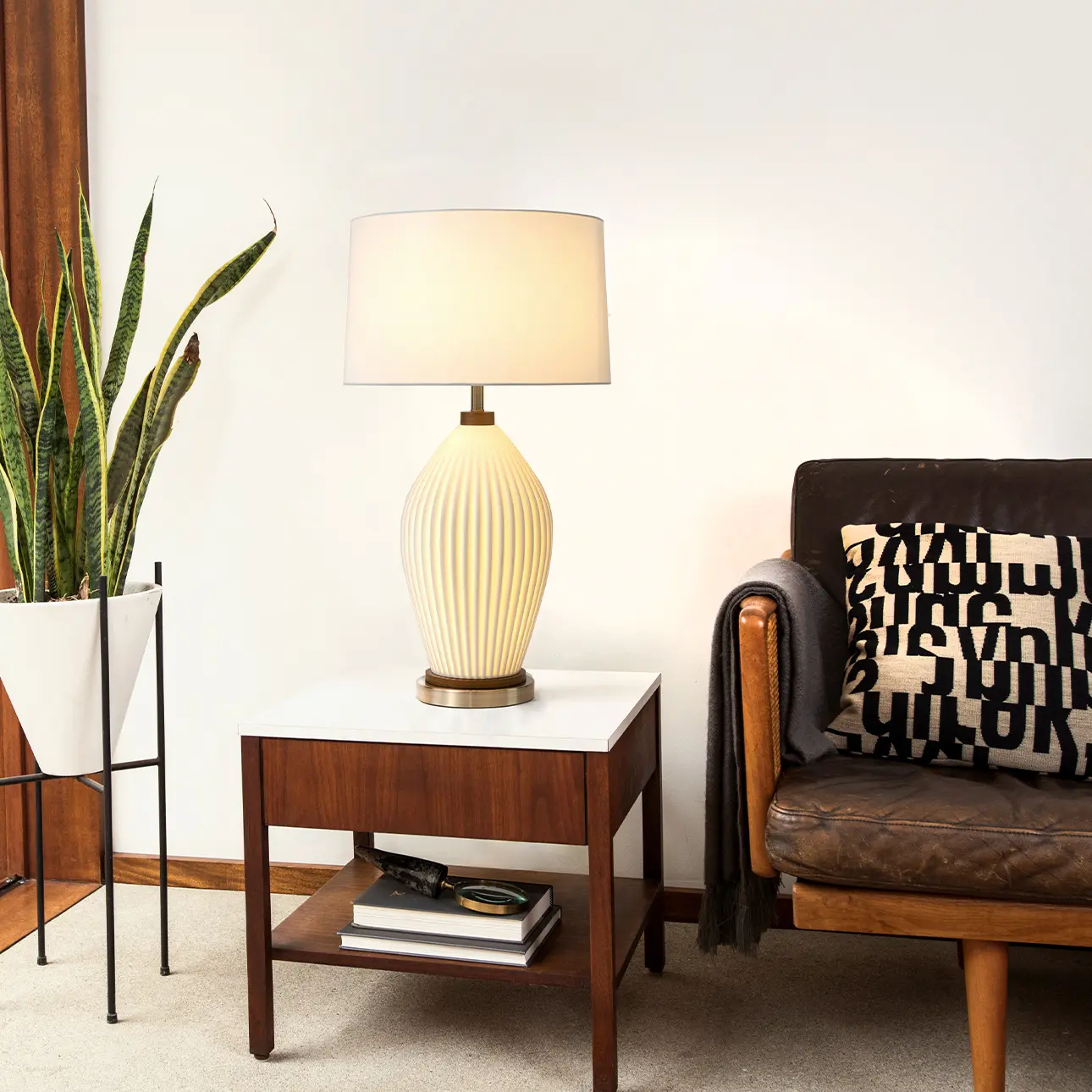 Santa Clara Bone Porcelain Table Lamp with Nightlight - 28", Weathered Brass and Walnut, 4-Way Rotary Switch