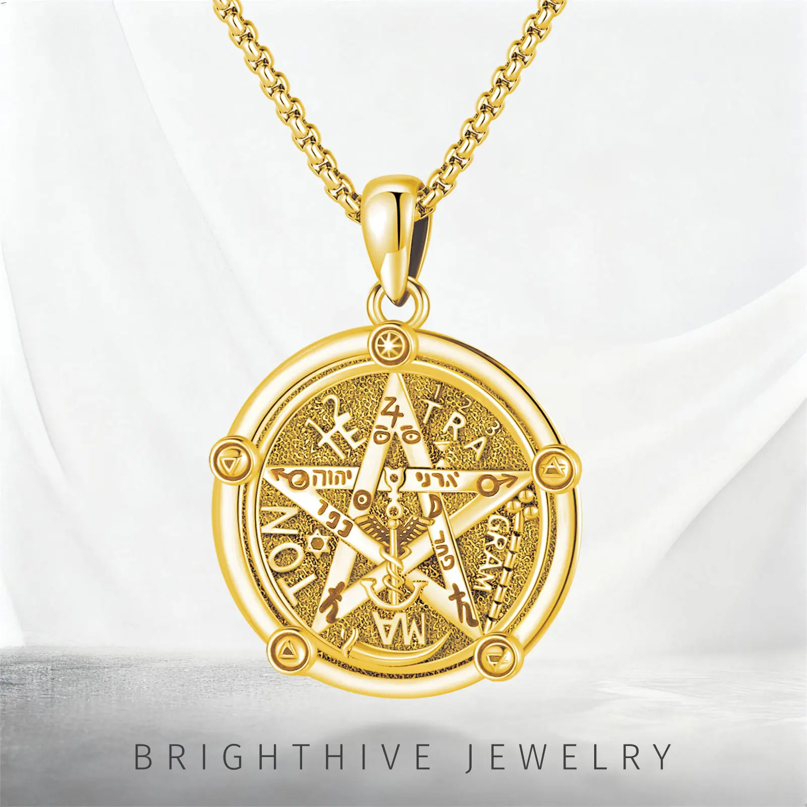 Brighthive Tetragrammaton Pentagram Necklace – 18K Gold Plated & 925 Sterling Silver Wiccan Amulet Jewelry for Men & Women, Pagan Witchcraft Protection Gift