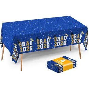 Graduation Tablecloths (4-Pack) - 54x108" Class of 2026 Commencement Party Disposable Plastic Table Covers for 8-Ft Tables | Essentials Graduation Party Decorations & Supplies with GRAD 2026 Blue