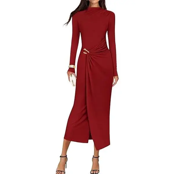 ZESICA Women's 2026 Spring Long Sleeve Bodycon Dress Mock Neck Wedding Guest Cocktail Party Long Midi Dresses