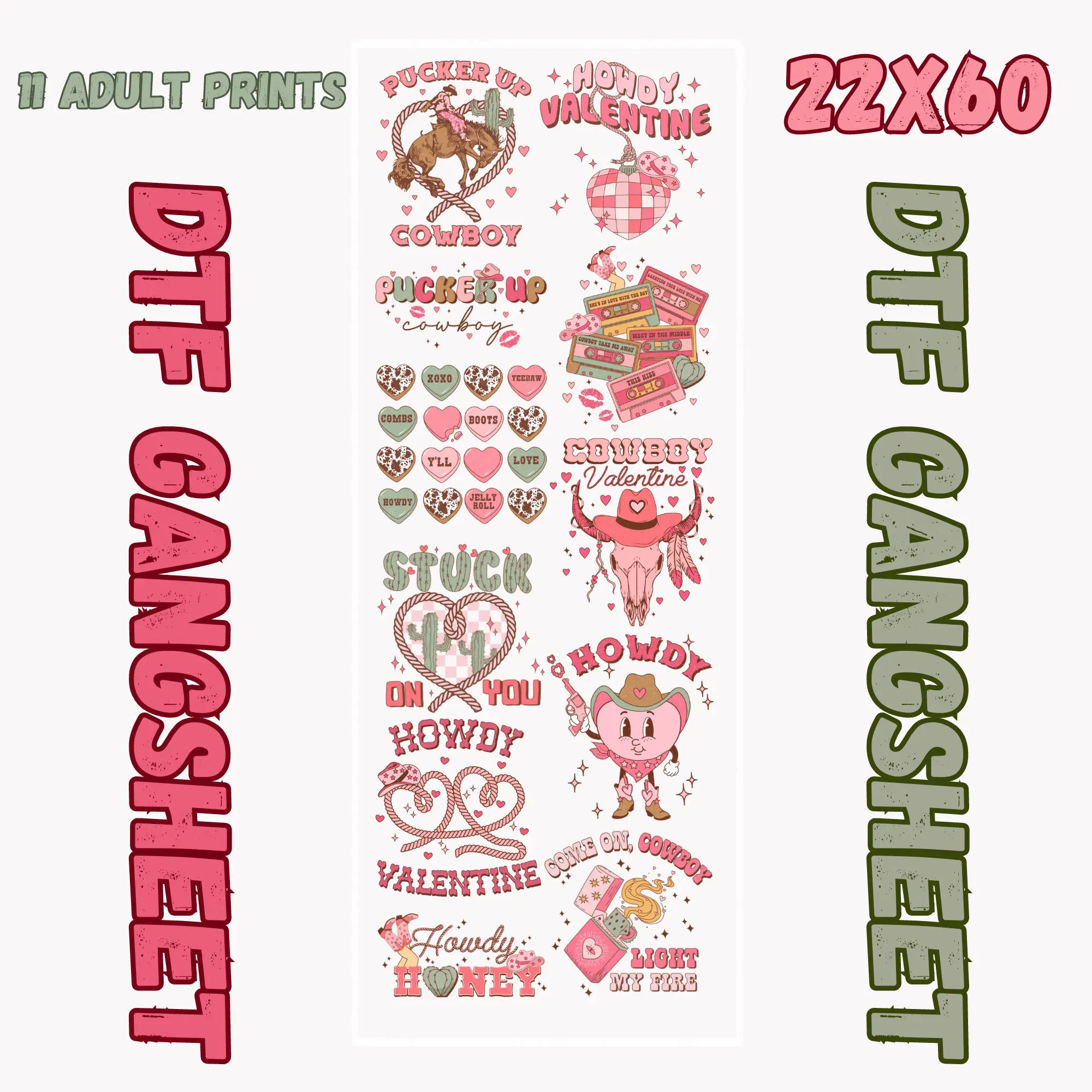 DTF RETRO WESTERN VALENTINES GANGSHEET (22X60) Decor Poster
