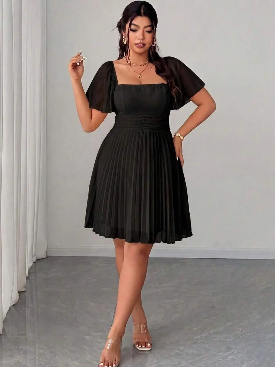 Plus Size Women's Butter Yellow Summer Elegant Wedding Bridal Square Collar Ruffle Sleeve Dress
