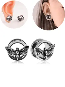 Vanku 2pcs Vintage Skull Moth Ear Gauges, Ear Gauge Tunnels, 316L Surgical Steel, Hypoallergenic Gothic Piercing Jewelry, Casual Style, All Seasons Accessory