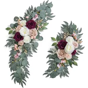 2-piece set of elegant artificial wedding arch flowers - wine red, nude and ivory white roses, pink daisies and green leaves, decorative flowers, perfect for ceremony decoration, reception center decoration and welcome signs, wedding decoration