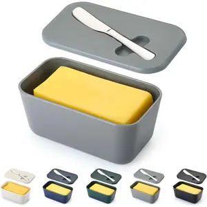 Butter Dish With Lid For Countertop And Refrigerator Door Shelf, Plastic Butter Holder Tray Container With Butter Knife, Easy Scoop Dishwasher Safe