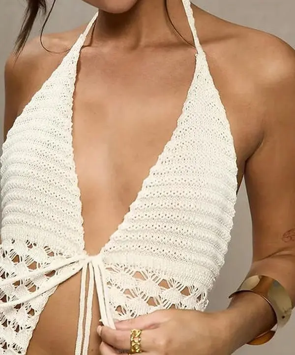 Handcrafted Crochet Halter Top for Women, Vintage Boho Knit with Backless Design and Flared Drape Hem, Adjustable Strap, Fit, Sleeveless