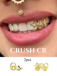 CRUSH CR 2pcs 18K Gold Plated Teeth Grillz for Woman Man Girl Boy Kid Hypoallergenic Skin-Friendly Waterproof Non-Tarnish for Daily Wear Aesthetic Flower Water drop Design with CZ Accent Perfect for Birthday Party Night Out as Edgy Self-Expression Gift