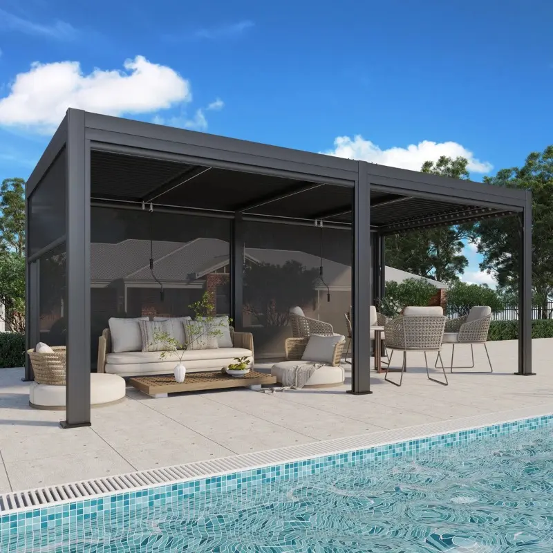 20 ft W x 10 ft D Outdoor Louvered Pergola, Thickened Aluminum Frame Pergola with Auto-Adjustable Side Screen for Deck, Patio and Hot Tub