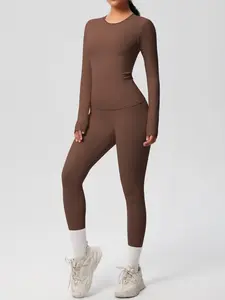 Women's Solid Color Long Sleeve Crew Neck Top & High Waist Leggings Tracksuit Set, High Stretch Casual Comfy Breathable Quick Drying Butt Lifting Sportswear Set Workout Running Clothes for Yoga Gym Workout Running, Ladies Sportswear for All Seasons