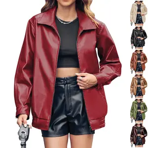 Goranbon Womens Oversized Leather jacket Lapel Bomber Coat Classic Casual Zip Up Warm Fall Winter Clothing Faux Elegance