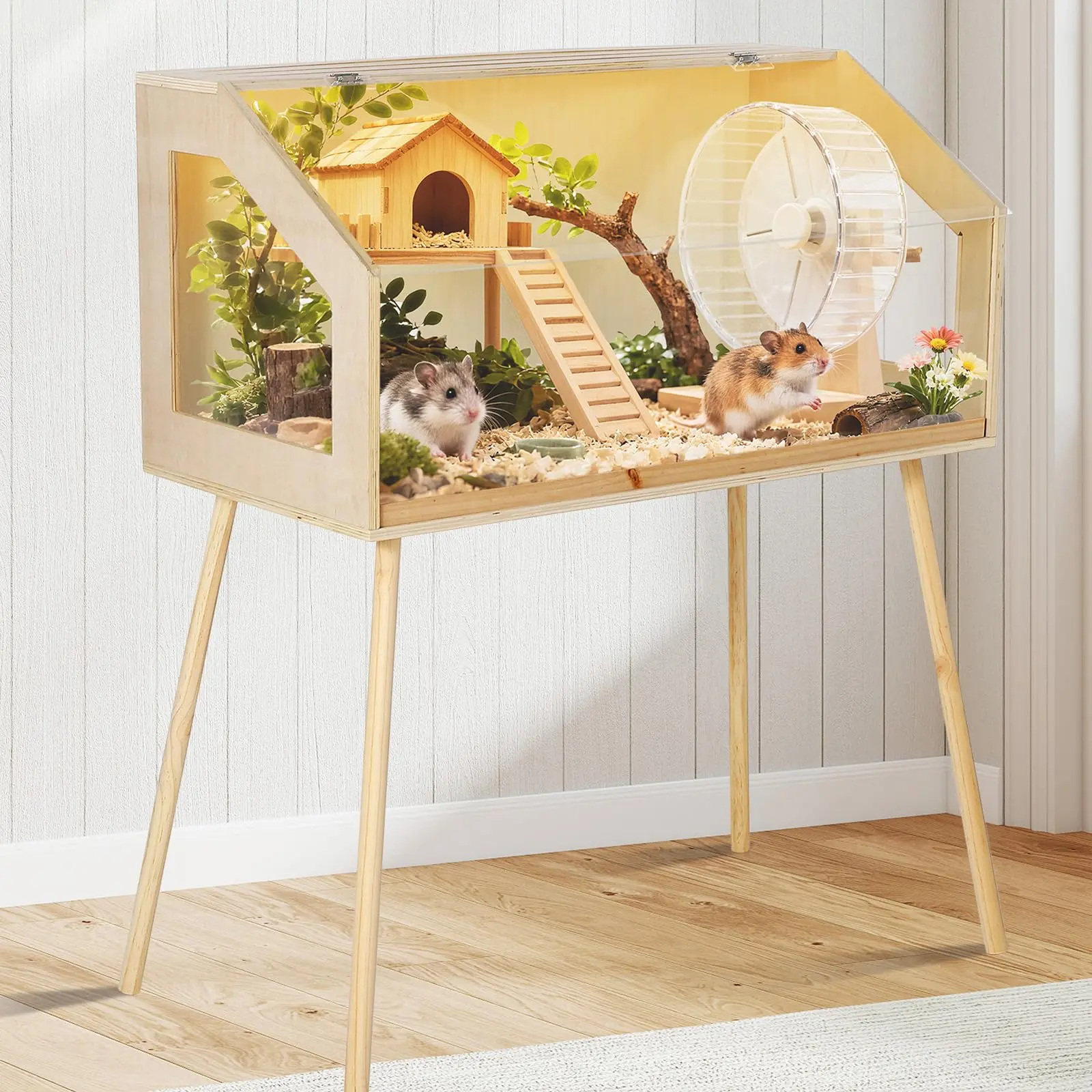 Hamster Cage with Legs, Large Syrian Hamster Habitats Enclosure with Chew Proof,Acrylic Window & Openable Top,Small Animal Cage for Guinea Pig, Chinchilla, Gerbil -32 in L x 16 in W x 40 in H