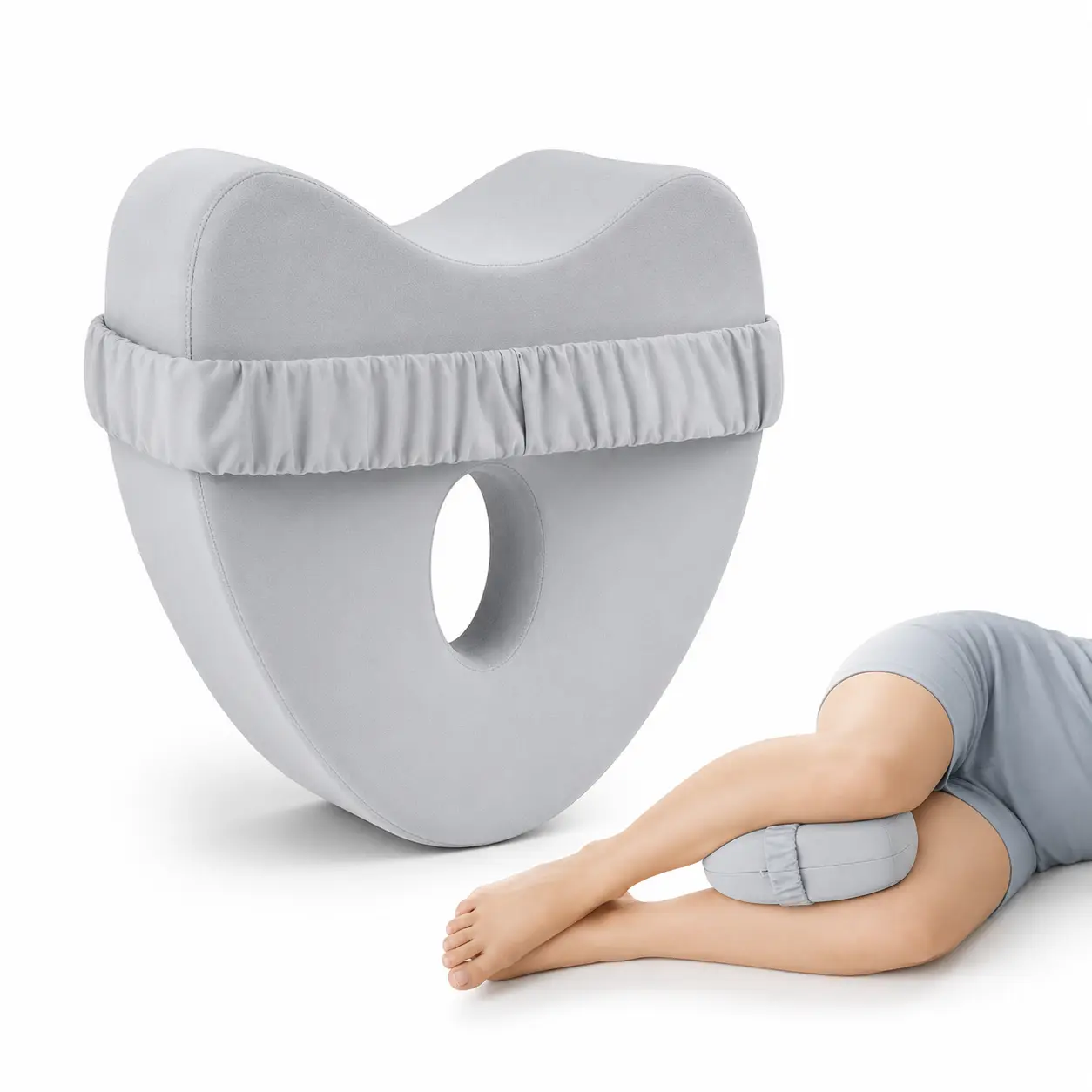 GEECO Memory Foam Cooling Knee Pillow - All Night Support, Adjustable Straps, Bedtime Support Leg Positioner Pillow for Side Sleepers, Wider Strap, Washable Cover, Hip & Knee Alignment, Gray, All Night Support Leg Positioner Pillows, Adjustable Straps Leg