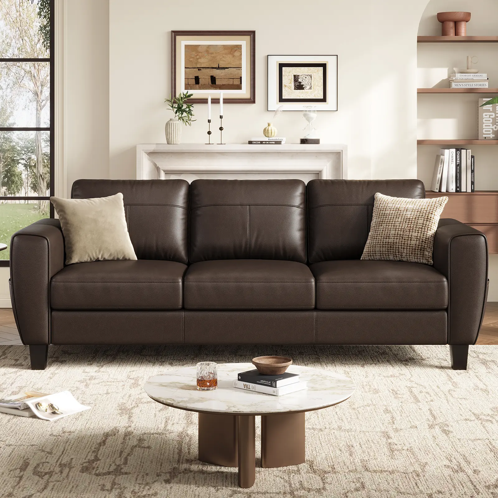 Copiae 87" Black Genuine Leather Sturdy Indoor Couch for Adults - Fixed Square Arms, Side Pocket, Foam Cushioning, Solid Frame, Stainproof, Clean Look Sofa, Comfy Couch