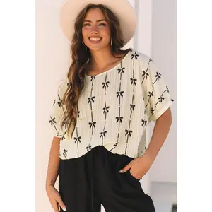 Beige Bow Print Puff Short Sleeve Top